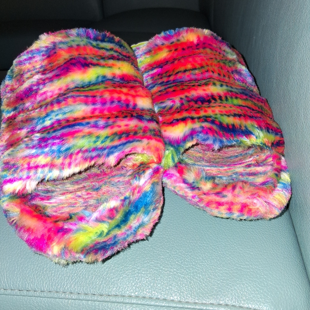 UGG Multicolor Furry Slippers with Green Strap